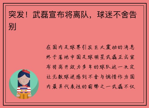 突发！武磊宣布将离队，球迷不舍告别